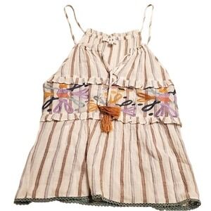 THML Cream Striped Spaghetti Strap Flowy Embroidered Top‎ Floral Shirt SZ:S
